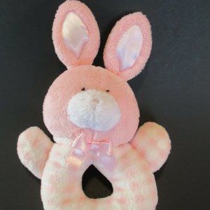 Animal Alley BABY Plush PINK RABBIT Stuffed Animal Round Rattle WHITE Plaid Toy
